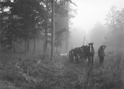 821082 Afbeelding van een boer met een paard en wagen, mogelijk in de bossen van het landgoed Amelisweerd tussen ...